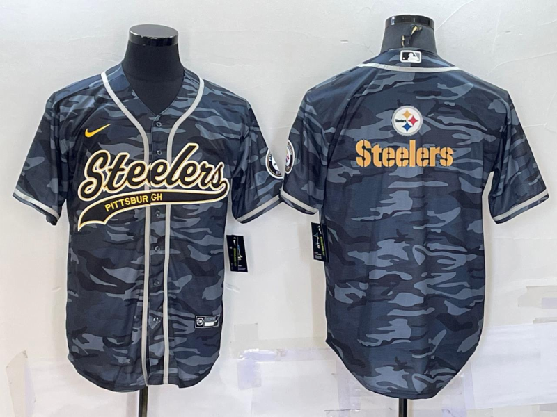 Men's Pittsburgh Steelers Blank Grey/Navy Camo Team Big Logo With Patch Cool Base Stitched Baseball Jersey